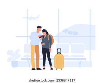 Travelers at airport, couple with luggage waiting flight. Woman and man with baggage, passenger departure to holiday illustration