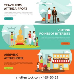 Travelers at airport in hotel and sightseeing excursion horizontal banners set for tourists webpage design vector illustration 