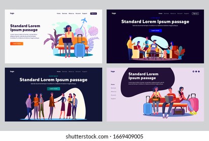 Travelers in airport set. People with luggage using gadgets, drinking beer, shaking hands. Flat vector illustrations. Vacation, leisure, trip concept for banner, website design or landing web page