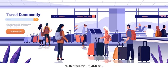 Travelers at airport terminal with luggage diverse people checking in boarding pass and waiting in line modern interior design