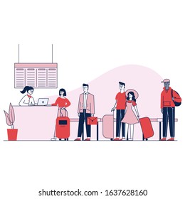 Travelers In Airport Waiting In Queue For Check In Vector Illustration. People Standing Departure Area. Gate Agent Checking Before Boarding. Airline Transportation Service