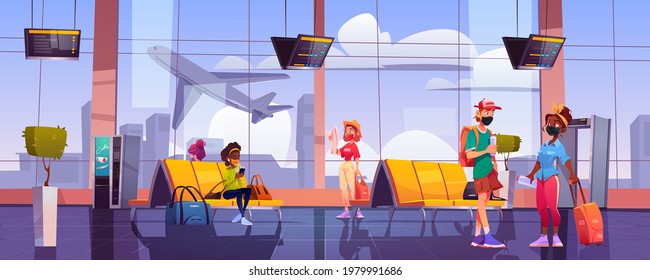 Travelers In Airport Waiting Room, Tourists In Face Masks With Luggage Wait Plane Boarding In Terminal During Coronavirus Pandemic. People In Departure Area Interior, Cartoon Vector Illustration