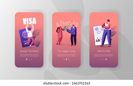 Travelers Approve Visa Mobile App Page Onboard Screen Set. People with Foreign and Native Passport, Traveling Immigration Stamp, Trip Concept for Website or Web Page. Cartoon Flat Vector Illustration