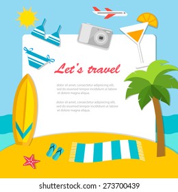 Traveler's background with tropical island, palm,  sea, surf board, bikini, camera, cocktail, airplane and copy space. Travel and vacations concepts.