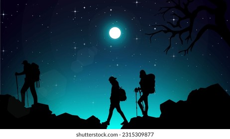 Travelers with backpack. silhouette of a people in the mountains. a Man hiking in the mountains with backpack. Adventurous hiker. blue night sky HD wallpaper. starry night sky.