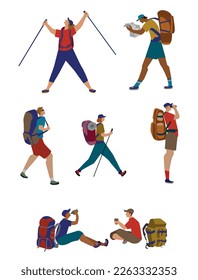 Travelers, backpackers, explorers hiking. Vector illustration of tourists with backpacks and rucksack. Character set in flat design.