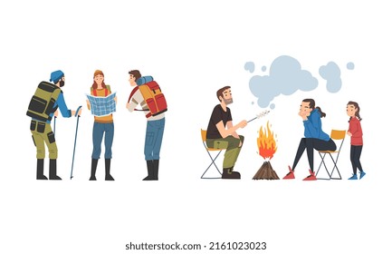 Travelers with backpacks having hiking trip and camping near bonfire cartoon vector illustration