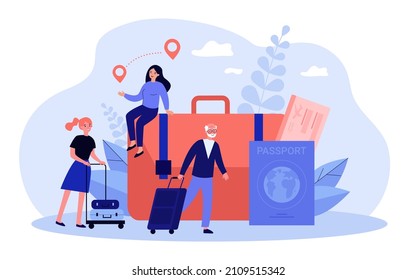 Travelers with bag and suitcase traveling by airplane. Tiny people with tickets, passport and luggage flat vector illustration. Vacation, journey concept for banner, website design or landing web page