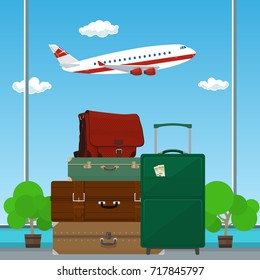 Traveler's Baggage against the Background of a Take-off Plane at the Airport , Travel and Tourism Concept , Vector Illustration 