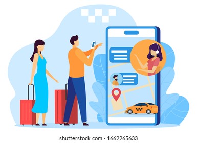 Travelers with baggage calling taxi, mobile phone app concept, vector illustration. Online taxi service, people using internet application to call cab. Cellphone app interface, service for travelers
