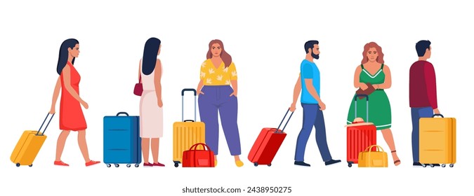 Travelers with baggage. Characters with suitcases and bags. Tourists group with suitcases. Traveling crowd with luggage. Concept for travel or lifestyle blogs. Vector Illustration