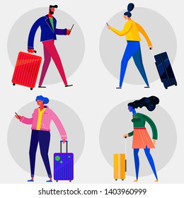 Travelers with baggage, man and women, in various poses. Traveling alone concept. Vector illustration in trendy flat simple style