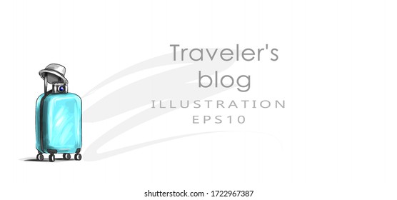 Traveler's blog. Vector illustration. Suitcase, hat and camera. Tourism concept.