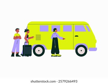 Travelers Boarding A Yellow Minivan In Flat Vector Illustration Symbolizing Transportation, Road Trip, And Travel Adventure, Isolated On White Background