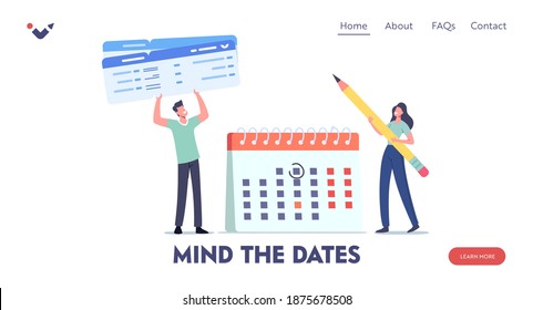 Travelers Booking Flight for Traveling Landing Page Template. Tiny Male and Female Characters Circle Date on Huge Calendar, Man Holding Tickets on Airplane Boarding. Cartoon People Vector Illustration