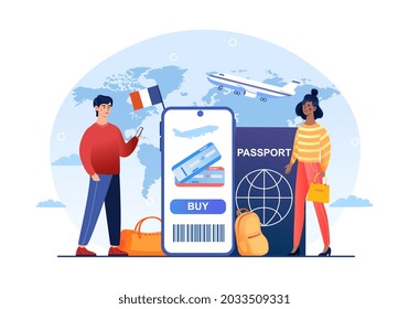 Travelers buying ticket on flight via mobile app. Modern technology helping people mobility. Flat illustration cartoon vector concept poster web banner design isolated on white background