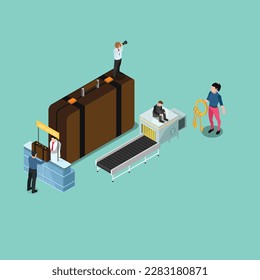 Travelers Characters Claim Baggage on Airport Conveyor Belt isometric 3d vector illustration concept banner, website, landing page, ads, flyer template