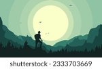 Travelers climb with backpack and travel walking sticks, silhouette of a person in the mountains, a man with backpack for hiking silhouette vector, a Man hiking in the mountains with backpack