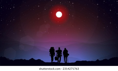 Travelers climb with backpack and travel walking sticks, silhouette of a person in the mountains, a Man hiking in the mountains with backpack, hiking silhouette vector