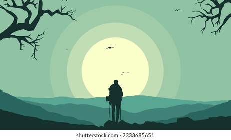 Travelers climb with backpack and travel walking sticks, silhouette of a person in the mountains, a Man hiking in the mountains with backpack, person with backpack for hiking silhouette vector