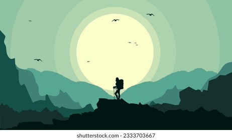 Travelers climb with backpack and travel walking sticks, silhouette of a person in the mountains, a man with backpack for hiking silhouette vector, a Man hiking in the mountains with backpack