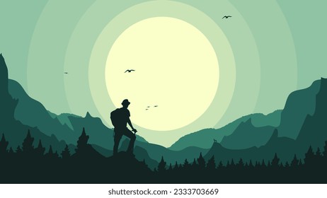 Travelers climb with backpack and travel walking sticks, silhouette of a person in the mountains, a man with backpack for hiking silhouette vector, a Man hiking in the mountains with backpack