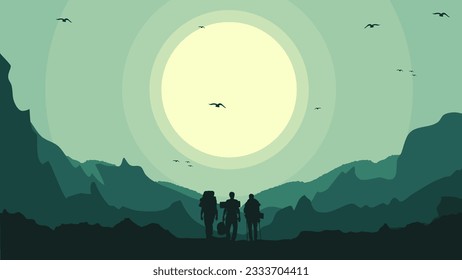 Travelers climb with backpack and travel walking sticks, silhouette of a person in the mountains, a Man hiking in the mountains with backpack, person with backpack for hiking silhouette vector