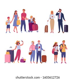 Travelers collection. Vector illustration of diverse cartoon people with luggage in trendy flat style. Isolated on white.