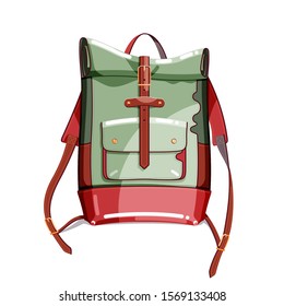 Travelers colorful backpack for hiking. Tourists equipment design elements. Cartoon vector illustration for poster, web design, banner, icon, logo or badge.