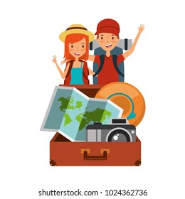 travelers couple with backpack suitcase map camera hat