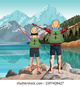 travelers couple with backpacks and hats with beautiful nature landscape with lake and mountains, colorful design , vector illustration