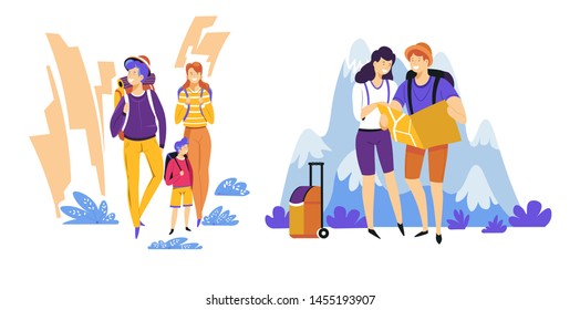 Travelers couple and family tourism and traveling vacation or holidays abroad vector mountains and nature backpacks and baggage map and suitcase, parents and child landscape and view journey or trip