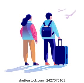 travelers couple with luggage standing together summer vacation time to travel concept