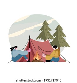 Travelers Couple Wearing Mask In The Camping Tent Vector Illustration Design