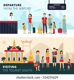 Travelers departure from airport and visiting places of interest 2 horizontal banners for tourists abstract vector illustration