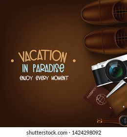 Traveler's desktop with suitcase, camera, plane ticket, passport, compass and binoculars, travel and vacations concept
