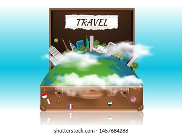 Traveler's desktop with suitcase, camera, plane ticket, passport, compass and binoculars, travel and vacations concept