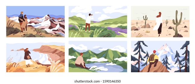 Travelers enjoying scenic view flat vector illustrations set. Young people on adventure cartoon character. Searching for goal, opening new horizons, outdoor rest concept. Tourists contemplating nature
