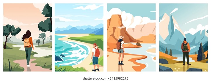 Travelers enjoying view. Cartoon persons enjoying nature and landscape, persons walking in park and camping. Vector isolated illustration. People exploring world, outside adventure