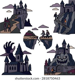Travelers Exploring a Castle on a Cursed Cliff