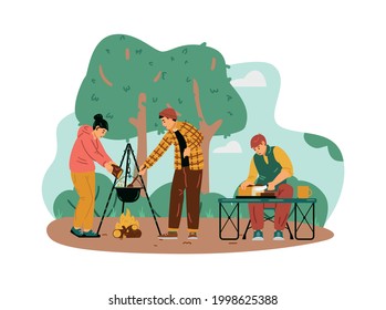 Travelers - family or friends cook food near campfire in outdoor camp. Camping and hiking outdoors, adventure, tourism and travel at nature. Flat cartoon vector illustration.