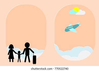 Travelers (family) with luggage waiting for airplane landing; present through abstract windows shapes similar to cabin windows in aircraft. Creative vector illustration. Top-left copy space for text.