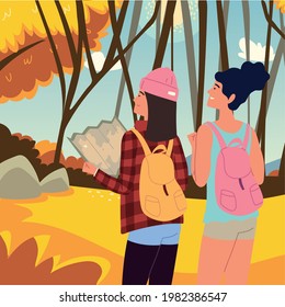 travelers female with map autumnal forest