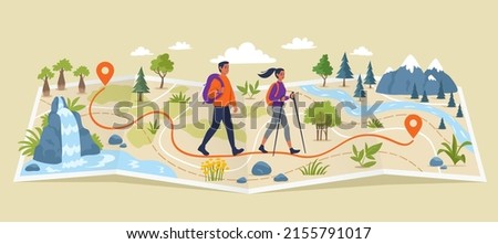 Travelers go on the map along the scenic tourist route. Volumetric map with a laid route. Vector illustration.