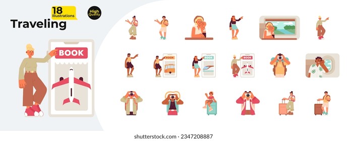 Travelers go on vacation flat concept vector spot illustrations bundle. Planning trip. Traveling 2D cartoon characters on white for web UI design. Isolated editable creative hero image collection