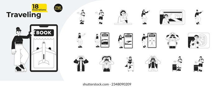 Travelers go on vacation flat concept vector spot illustrations bundle. Planning trip. Traveling 2D cartoon characters on white for web UI design. Isolated editable creative hero image collection