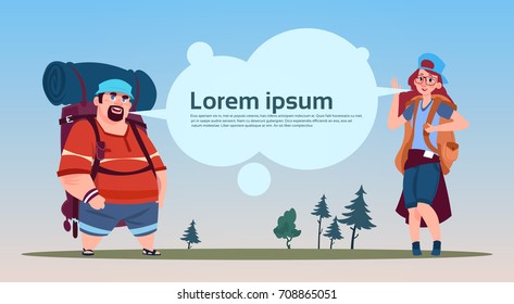 Travelers Group With Backpacks Happy Young People On Hike Banner With Copy Space Flat Vector Illustration
