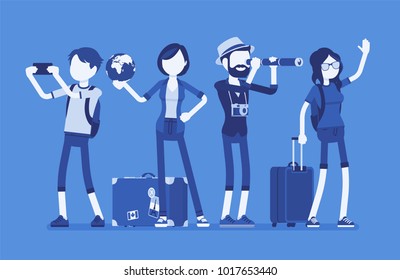 Travelers Group With Luggage. Young People Ready To Go On A Trip Or Journey, Travel Agency Planning Holiday Or Vacation For Rest And Education. Vector Illustration With Faceless Characters