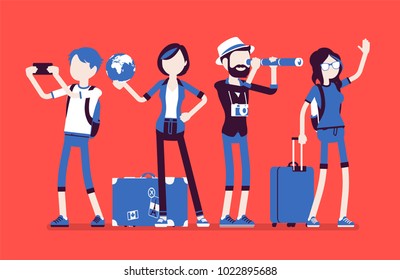 Travelers Group With Luggage. Young People Ready To Go On A Trip Or Journey, Travel Agency Planning Holiday Or Vacation For Rest And Education. Vector Illustration With Faceless Characters