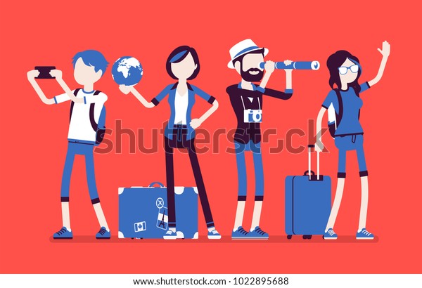 旅人たちは荷物を持って集まる 旅行や旅行 旅行会社 休養や教育のための休暇を計画する若者 顔の見えない文字を含むベクターイラスト のベクター画像素材 ロイヤリティフリー 1022895688
